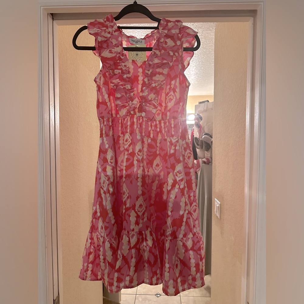 Chartreuse dress, pink floral, size small, NWT